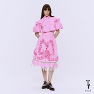 TandT - FEDELLA SKIRT - BOW-SHAPED RUFFLE LACE TRIMMED MIDI SKIRT กระโปรงยาวรูดย้วยขอบเอวสูง ตกแต่งก