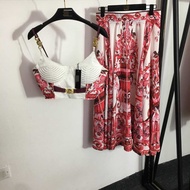 A2DY VERS ** Suit Portrait Stitching Tube Top Sling Top+Retro Pattern Printed High Waist Skirt