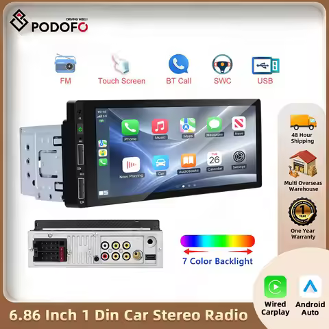 Podofo 6.86" Universal 1 Din Car Stereo Radio MP5 Player Carplay Android Auto BT SWC FM USB Type-C P