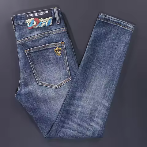 Y2K Fashion New Men's Jeans Retro Washed Blue Elastic Slim Fit Jeans Men's Designer Jeans