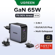 【UK+EU+US】UGREEN GaN 65W 3-Ports Universal Travel Adapter USB A USB C Charger Compatible with Phone