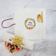 客製化婚禮小物 環保餐具 帆布收納套組 含木筷湯匙 粉色花環