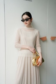 Miyake เสื้อแผงตาข่ายเสื้อจับจีบ2 In 1ครึ่งคอ3ในสี่แขนบางและอเนกประสงค์