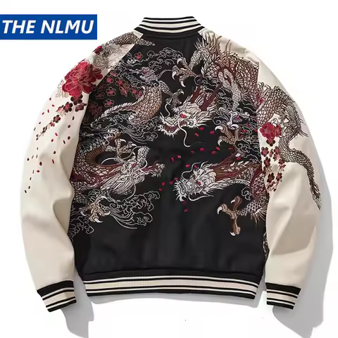 Streetwear Japanese Sukajan Souvenir Baseball Jacket 2025 Autumn Chinese Dragon Embroidered Woolen P