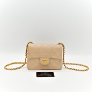 Chanel 香奈兒vintage 米杏色 方胖子 Square Mini 17cm 鍊帶包 經典菱格紋 羊皮 斜背包