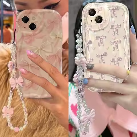 Pink Bow With Bracelet Chain Case For Samsung Galaxy S25 Ultra S22 S21 S20 Plus S21FE S20FE S25FE A3