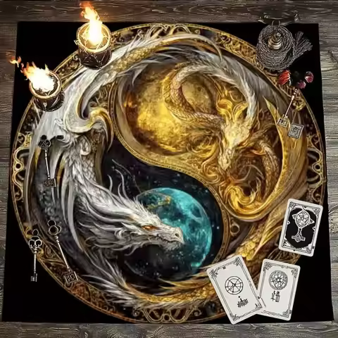 Dragon Yin Yang Tarot Altar Cloth Multiple Sizes HD Sublimation Print Cosmic Balance Rune 100 Polyes