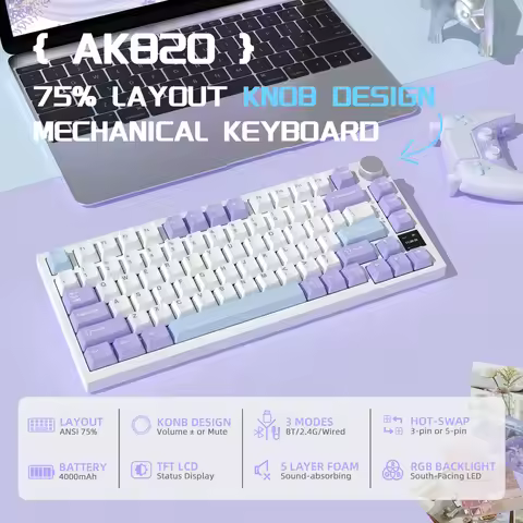 AK820Pro Wireless Mechanical Gaming Keyboard Hot Swappable TFT Display&Knob RGB Backlit, 3-Mode Gask