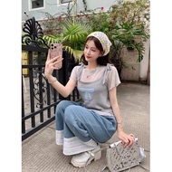 Korean Style Suit Women Summer Layered Bow Knitted Camisole Short-Sleeved T-Shirt Lace Jeans Three-Piece Suit