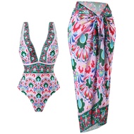 2PCS/set Pink Blue Bohemian Print Womens Classic Printed One-Piece Swimsuit with Skirt Cover UP Beac