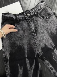 高街vibe紮染漸變牛仔褲男士做舊青少年水洗微喇闊腿褲直筒設計感-黑色 S