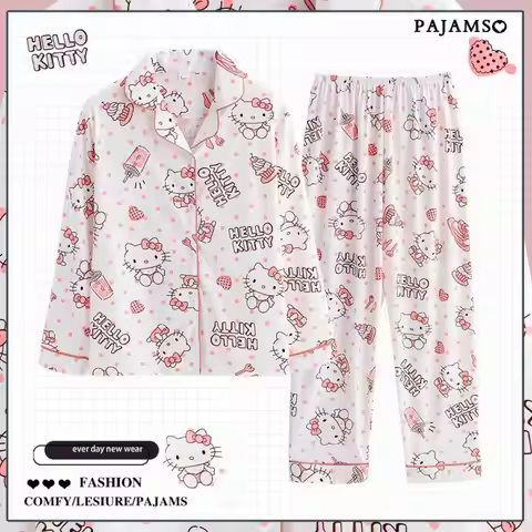 Kawaii Women Pajamas Suit Sanrio Hello Kitty Cinnamoroll Kuromi Cartoon Cardigan Pajamas Anime Loose