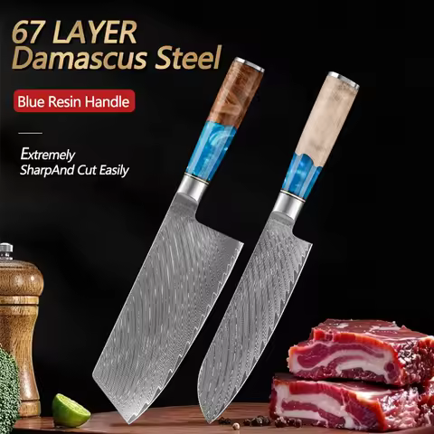 Damascus Knife Set 2 Pieces Japanese Kitchen Knife with VG10 Steel Kitchen Chef's Knife with Blue Re