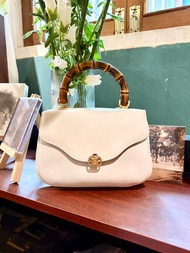 復古 CELINE 白色 Box Calf 皮革 Triomphe 鎖釦 竹節手柄 手提包