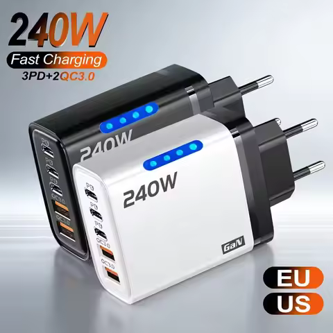 5 IN 1 GaN Desktop Charger 240W Fast Charging Adapter 10A USB to Type-C Cable 3PD 2USB Charger for i