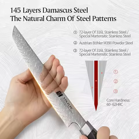 XINZUO 8.46-inch Damascus Carving Knife 145-layer M390 steel 60-62HRC carbon fiber handle 6.0-8.0N s