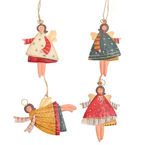 4 Pieces 2024 New Christmas Metal Angle Tree Ornaments Color Girl Small Angel With Hanging String Fo