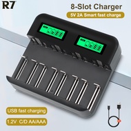 R7 Slot Battery Charger, compatible with 1.2V AA, AAA, and NiMH batteries—supports USB-C fast chargi