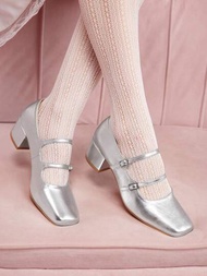 CUCCOO DOLLMOD 時髦的法式復古銀色瑪麗珍高跟鞋，設有粗跟和方形腳趾帶，適合畢業舞會或夏季舞會