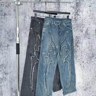 Thug Club 24FW 激光拼接鐮刀刺繡牛仔褲 男款中腰寬鬆水洗垂感闊腿休閒褲