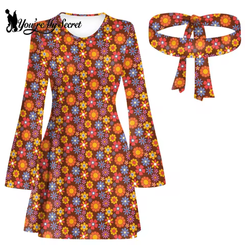[You're My Secret] Women 60s 70s Go Go Retro Hippie Boho Floral Disco Dress Halloween Party Fancy Dr