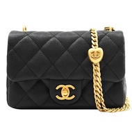 CHANEL AS3828 Mini Coco 經典雙C 愛心金球方胖鏈帶包.黑金 17cm