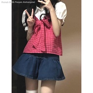 ♞✘♗Rompi kotak-kotak super-pameran merah buah naga anduh kecil + baju jk putih comel wanita dua hela