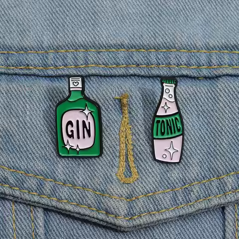 Wine Bottle Enamel Pins Custom GIN TONIC Brooches Lapel Badges Cartoon Funny Jewelry Gift for Friend