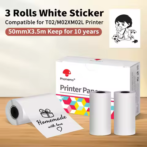 3 Rolls White Thermal Label Sticker 50mm x 3.5m Waterproof Adhesive Color Paper Phomemo M02/M03AS/M0