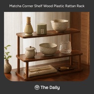 Matcha Corner Shelf Wood Plastic Rattan Rack – Aesthetic Corner Shelf Wood and Rattan Woven for Coff