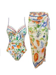 Traje de baño estampado de plantas para mujeres con tirantes spaghetti y falda cubre-cintura para vacaciones