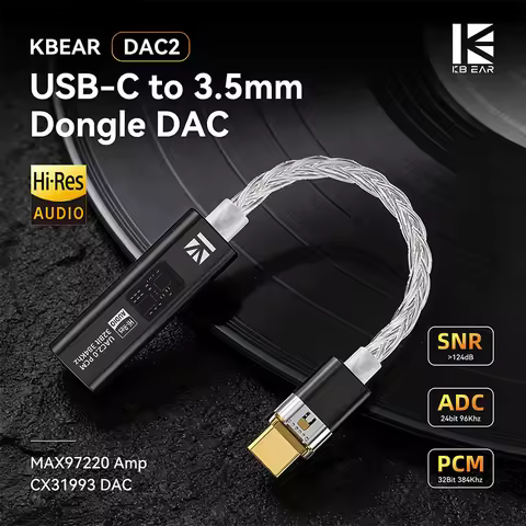KBEAR DAC2 Type-C to 3.5mm HiFi DAC Dongle, Lossless Digital Audio Decoder Adapter Cable, Support Mi
