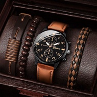Casual Men's Quartz Watch - Vintage Leather Band with Stylish Bracelet for Everyday Wear