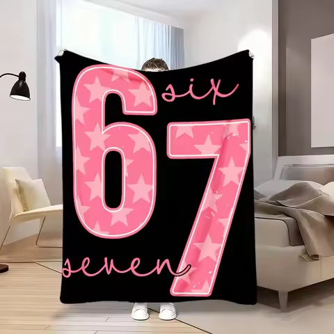 Oversized 67 Number Meme Flannel Blanket - Pink Black Star All-Season Machine Washable Birthday Gift