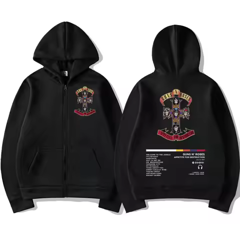 Guns N Roses Appetite for Destruction Graphic Zipper Hoodie Rock Hip Hop Retro Zip Up Jacket Men Wom