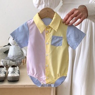 Newborn Baby Boy Collared Romper Suitable For 3-6 Months, Pink, Yellow & Blue Striped Color Block, F