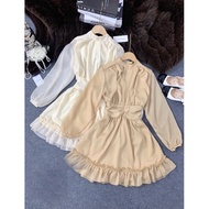 Luxury lady's silk dress in bright beige + dark beige