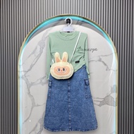 (Gratis Tas Labubu) Setelan Rok Anak Perempuan / Rok Cargo Jeans Import / Atasan Knit Rajut Usia 2-