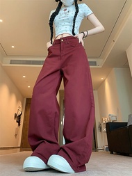 Botvotee Claret DENIM กางเกงยีนส์อเมริกัน Retro กางเกงยีนส์ผู้หญิงสูงเอวกว้างขากางเกงตรงหญิง Streetw