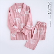 2024 Womens Pajamas Set 100% Cotton Cartoon Rose Printed 2Pcs Turn-down Neck Shirt+Pants Comfort Fre