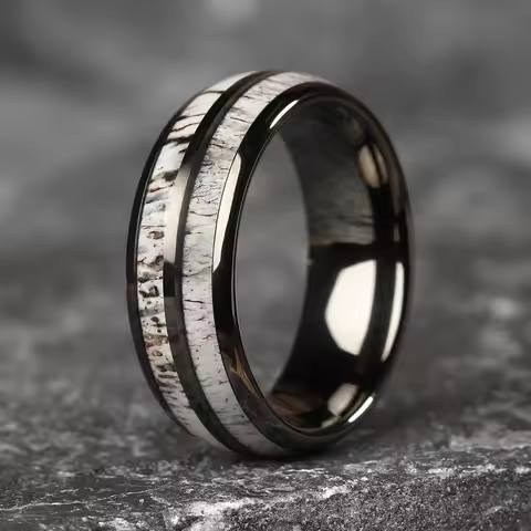 2023 Fashion 8mm Deer Antler Black Titanium Steel Rings For Men Women Nature Forest Elk Antler Weddi