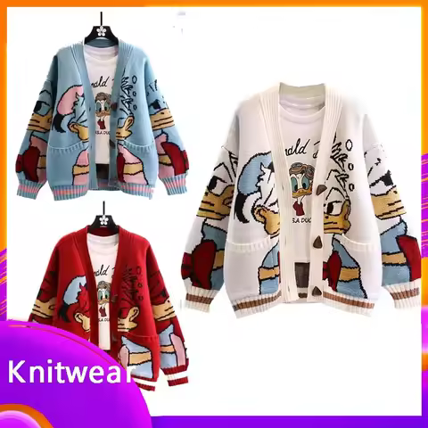 Disney Donald Duck Sweater Anime Cartoon Women's Coat Autumn/winter Loose Cardigan Knitted Sweater T