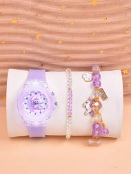 雙運動LED發光兒童手錶，卡通獨角獸女孩石英手錶配彈性蝴蝶手鍊3件套
