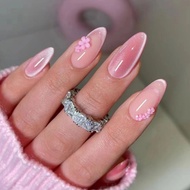 Pink Cat Eyes French Style 3D Pink Flowers Decoration Long Almond Shape Fake Nails 24 Pcs/box Z854