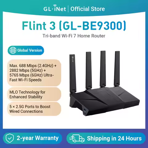 GL.iNet GL-BE9300 (Flint 3) First Tri-band Wi-Fi 7 Home Router 5× 2.5G Ports Robust VPN Capabilities
