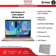 MSI Modern 14 C12M-258MY Laptop | i3-1215U | 8GB Ram/512GB SSD | 14.0"FHD/UHD Graphics | W11 | 1-Y W