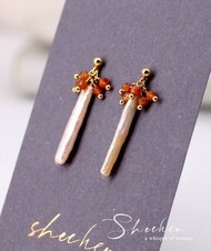 天然 石榴石芬達石+天然長方淺金色珍珠耳環 極閃 天然石耳墜