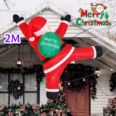 2M Christmas Inflatable Green Bag Climbing Santa Claus, With Built LED Lights,For Indoor Outdoor Bea