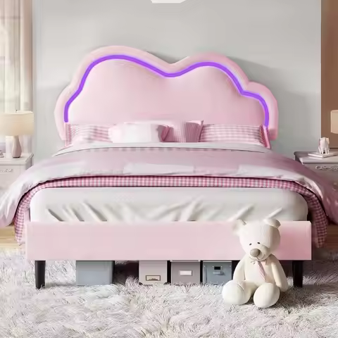 Pink Twin Bed with Adjustable Cloud Base, Velvet Upholstery, RGB Lights, 7.1 Storage, No Box Spring 
