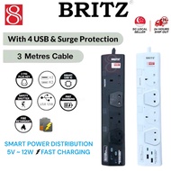 (SG SELLER) BRITZ 4 way 3 meters with USB charging port extension cord / Extension power socket with